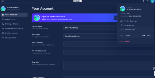 A user account interface on a website, featuring sections for uploading a profile picture, email, company name, job title, biography, and settings options like changing color and viewing quota. Katteb AI Lifetime Deal offers additional SEO optimized templates for enhancing your profile visibility.