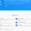 A screenshot of the NeuronWriter website by Softreviewed, detailing its features like creating and evaluating content, importing and getting content, listing and managing projects, and querying information.