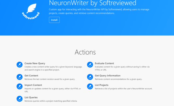 A screenshot of the NeuronWriter website by Softreviewed, detailing its features like creating and evaluating content, importing and getting content, listing and managing projects, and querying information.