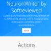 A screenshot of NeuronWriter by Softreviewed. The interface shows options to install, create new queries, and evaluate content.