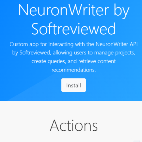 A screenshot of NeuronWriter by Softreviewed. The interface shows options to install, create new queries, and evaluate content.