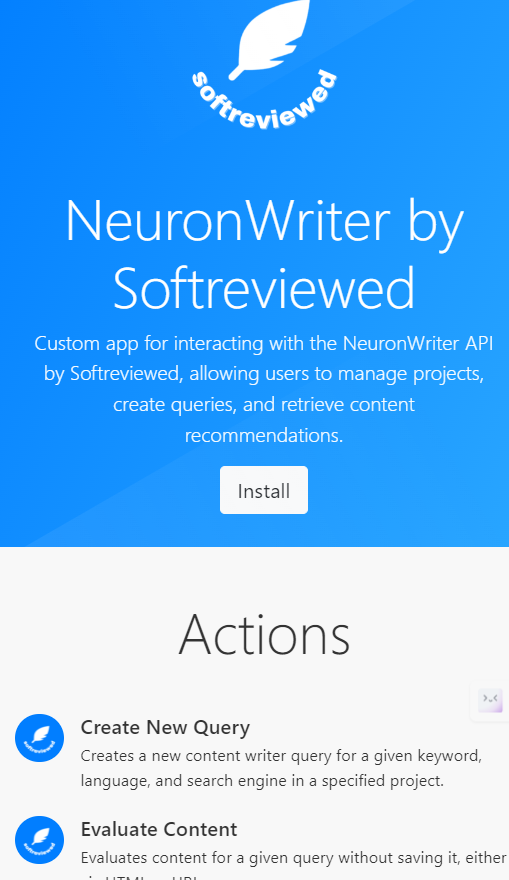 A screenshot of NeuronWriter by Softreviewed. The interface shows options to install, create new queries, and evaluate content.