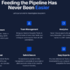 Promotional image highlighting features of a software tool including CRM data enrichment, team management, LinkedIn automation, analytics, cloud operation, security, and easy exports with the heading "Feeding the Pipeline Has Never Been Easier.