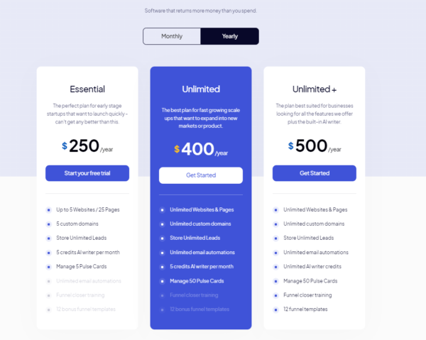 A pricing plan comparison table for the Phonesites software-as-a-service features options: Essential ($250/year), Unlimited ($400/year), and Unlimited+ ($500/year). Key features and a "Monthly/Yearly" toggle are displayed above, along with an option for a Lifetime Deal.