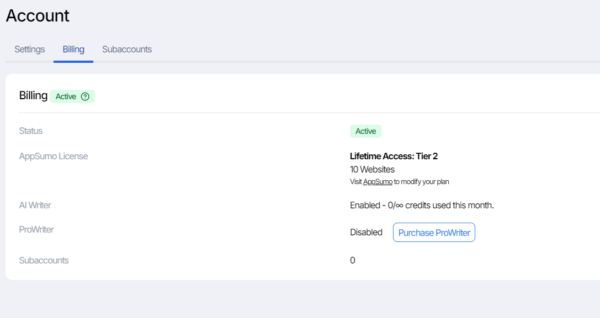 Screenshot of an account billing page showing an active lifetime access Tier 2 AppSumo license, enabled AI Writer, and zero subaccounts. Options to modify plan, purchase ProWriter, and create mobile-optimized landing pages with Funnel Builder via Phonesites are available.