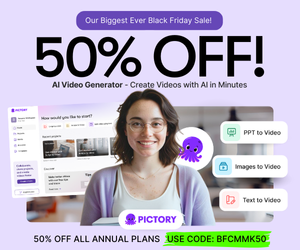 A promotional banner for AI Video Generator's Black Friday Sale offers 50% off annual plans, featuring a smiling person, product features, and the code BFCMMK50.