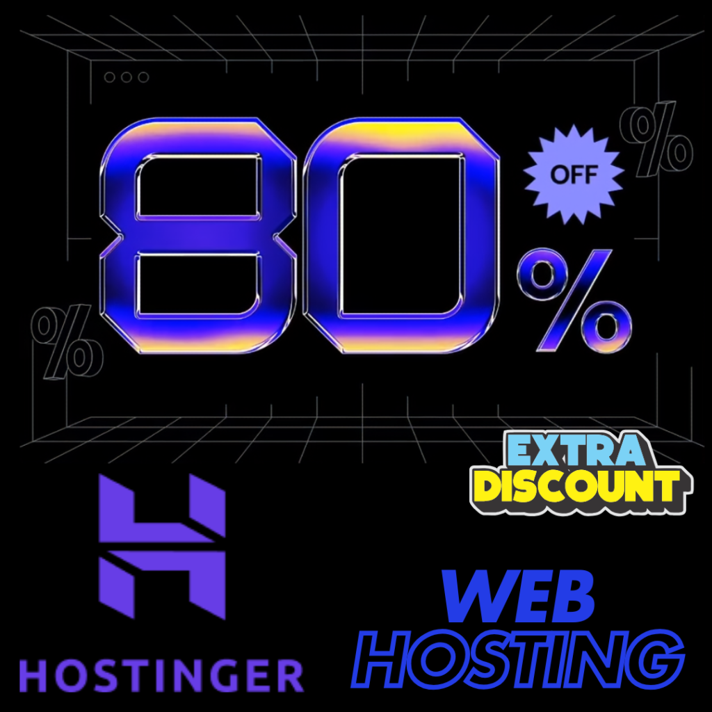 Graphic showing "80% off" with a "Extra Discount" label, promoting Hostinger web hosting.