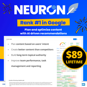 Promotional graphic for Neuron, highlighting its Google ranking features and AI-driven recommendations for content planning. Offers a lifetime subscription for $89.