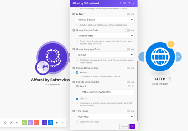 The software interface for "Afforai by Softreviewed" features seamless integration with the Afforai API, offering options to customize Google Search settings, including country and language codes, domains, and time range for an enhanced search experience.