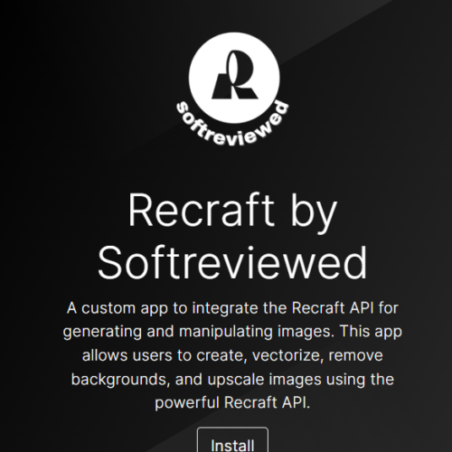 Promotional image for "Recraft by Softreviewed," a custom app for integrating Recraft API to edit images. Includes installation button.