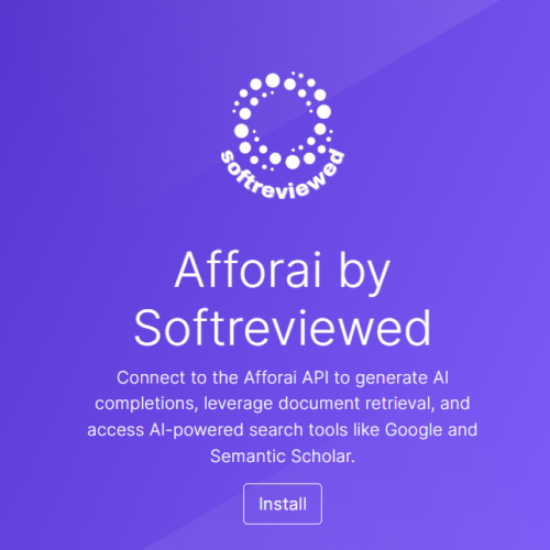 Afforai app by Softreviewed offers AI completions, document retrieval, and AI-powered search tools. With seamless Afforai API integration and support for Make.com, you can easily create a custom app. Features an install button for quick access.