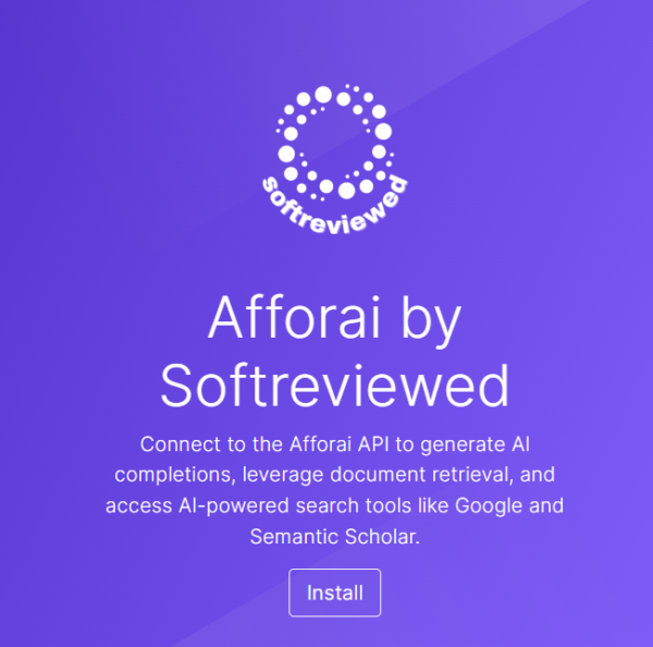 Afforai app by Softreviewed offers AI completions, document retrieval, and AI-powered search tools. With seamless Afforai API integration and support for Make.com, you can easily create a custom app. Features an install button for quick access.