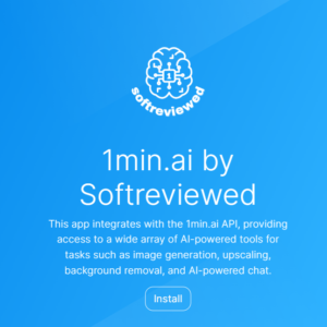 Blue promotional graphic for "1min.ai by Softreviewed" featuring a description of AI tools, including the 1min.ai API for seamless integration. Boost Space with powerful AI tasks, all accessible at the click of an "Install" button.