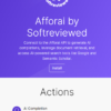 Screenshot of a page titled "Afforai by Softreviewed." It details connecting to the Afforai API for AI completions, with an "Install" button readily available. A section titled "Actions" follows. Ideal for seamless integration with your Custom App using platforms like Make.com.