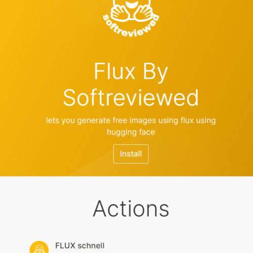 The vibrant yellow webpage for "Flux By Softreviewed" showcases options to generate images, featuring buttons for installing and using models like the Hugging Face integration. Seamlessly blend creativity with technology using the Flux API for an enhanced digital experience.