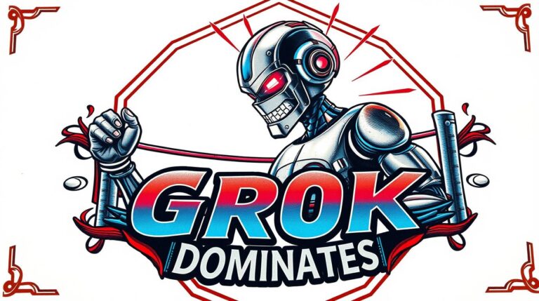 A robotic figure flexes a bicep with the words "GROK DOMINATES" in bold text below. Grok 2 shines with AI-enhanced precision. The image features red and blue accents with stylized corners, showcasing groundbreaking benchmarks in design.