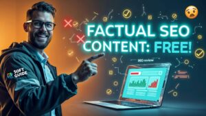 A man points at a glowing laptop screen displaying "Factual SEO Content: Free!" surrounded by digital icons. The background is warmly lit, featuring an emoji expression, illustrating the ease of free content generation that's SEO-optimized.