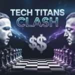 Two individuals facing each other across a chessboard emblazoned with "Tech Titans Clash," while between them, dollar signs dance alongside the logos of Meta and OpenAI.