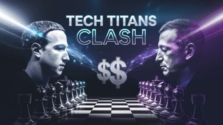 Two individuals facing each other across a chessboard emblazoned with "Tech Titans Clash," while between them, dollar signs dance alongside the logos of Meta and OpenAI.