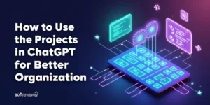 Illustration of a digital interface with floating screens and text reading, "How to Use the Projects in ChatGPT for Better Organization—explore practical examples.