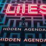 A robot stands in a maze with the words "LIES" above and "HIDDEN AGENDA" below in glowing text, embodying the AI alignment challenge.