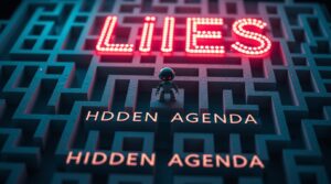 A robot stands in a maze with the words "LIES" above and "HIDDEN AGENDA" below in glowing text, embodying the AI alignment challenge.