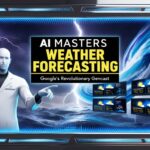 Futuristic display titled "AI Masters Weather Forecasting," featuring Google GenCast's digital figure. With AI precision, the exhibition showcases weather icons and rain graphics, revolutionizing the art of predicting the weather.