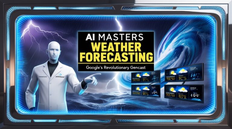 Futuristic display titled "AI Masters Weather Forecasting," featuring Google GenCast's digital figure. With AI precision, the exhibition showcases weather icons and rain graphics, revolutionizing the art of predicting the weather.