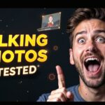 Man with an open mouth points up next to text that reads "Talking Photos AI Tested" on a dark background with laptop illustrations, showcasing the excitement around this lifetime deal and revolutionizing HeyGen alternatives.