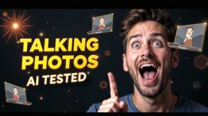 Man with an open mouth points up next to text that reads "Talking Photos AI Tested" on a dark background with laptop illustrations, showcasing the excitement around this lifetime deal and revolutionizing HeyGen alternatives.