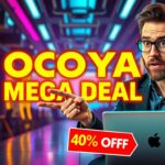 A man at a laptop points excitedly to the vibrant text "Ocoya Mega Deal 40% OFF" highlighting an auto-applied discount in the colorful background.