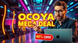 A man at a laptop points excitedly to the vibrant text "Ocoya Mega Deal 40% OFF" highlighting an auto-applied discount in the colorful background.