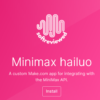 Pink background with white wave logo and text: "softreviewed." Below, "Minimax hailuo," and "A custom Make.com app for integrating with the MiniMax API." Button labeled "Install.