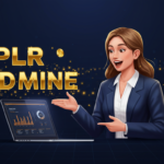 Illustration of a businesswoman pointing to a laptop displaying graphs with the text "PLR Goldmine," surrounded by floating dollar signs and coins. Perfect for those exploring a PLR package or Systeme.io to enhance their course bundle offerings.