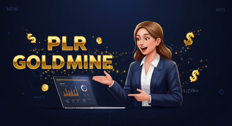 Illustration of a businesswoman pointing to a laptop displaying graphs with the text "PLR Goldmine," surrounded by floating dollar signs and coins. Perfect for those exploring a PLR package or Systeme.io to enhance their course bundle offerings.