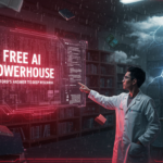 In a stormy library setting reminiscent of Stanford's Storm, a person in a lab coat interacts with a digital display labeled "Free AI Powerhouse," surrounded by DNA strands and crackling lightning.