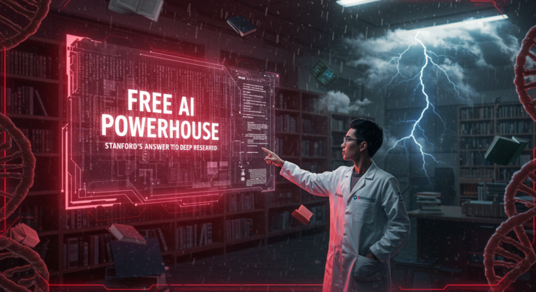 In a stormy library setting reminiscent of Stanford's Storm, a person in a lab coat interacts with a digital display labeled "Free AI Powerhouse," surrounded by DNA strands and crackling lightning.