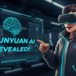 A person wearing a VR headset points at a digital display showcasing the features of "HUNYUAN AI REVEALED!" complete with brain graphics and data charts, highlighting its performance as an AI Video Generator.