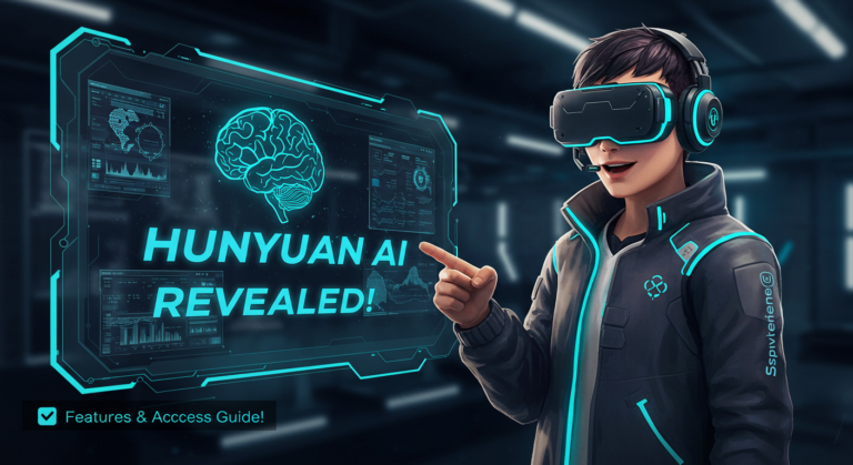 A person wearing a VR headset points at a digital display showcasing the features of "HUNYUAN AI REVEALED!" complete with brain graphics and data charts, highlighting its performance as an AI Video Generator.