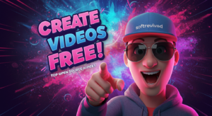 Illustration of a person in sunglasses and a cap, excitedly pointing. Text reads "CREATE VIDEOS FREE! Top open source AI picks and video generators" with a colorful background.