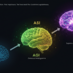 A diagram illustrating the AI Spectrum: ANI with a circuit board, AGI with a green brain labeled "General Intelligence," and ASI with a glowing purple brain showcasing "Superintelligence.