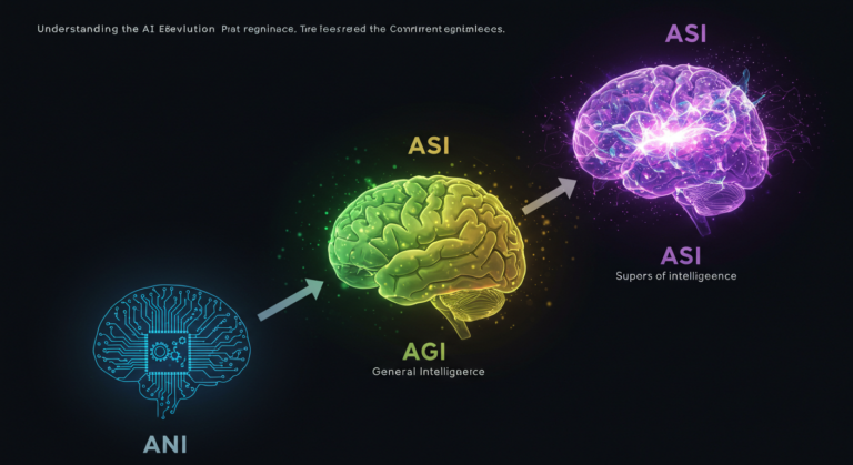 A diagram illustrating the AI Spectrum: ANI with a circuit board, AGI with a green brain labeled "General Intelligence," and ASI with a glowing purple brain showcasing "Superintelligence.