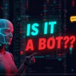 A digital rendering of a humanoid robot points at glowing text, questioning, "Is it a bot??" Amidst the dark background filled with digital elements, this scene prompts thoughts on AI users and the evolving meta.