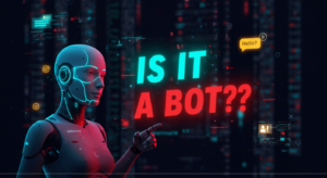 A digital rendering of a humanoid robot points at glowing text, questioning, "Is it a bot??" Amidst the dark background filled with digital elements, this scene prompts thoughts on AI users and the evolving meta.