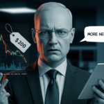 A concerned businessman holds a tablet, with a speech bubble saying "More needed?" A graph with a price tag of $200 shows a downward trend. Perhaps it's time to turn to ChatGPT Pro for insights that could reverse the situation and optimize business strategies.