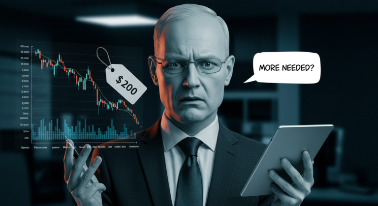 A concerned businessman holds a tablet, with a speech bubble saying "More needed?" A graph with a price tag of $200 shows a downward trend. Perhaps it's time to turn to ChatGPT Pro for insights that could reverse the situation and optimize business strategies.