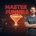 A person in a gray shirt stands confidently in front of a glowing funnel graphic with the words “Master Funnels” above, showcasing expertise gained from their Funnel Builder Certification through Systeme.io.