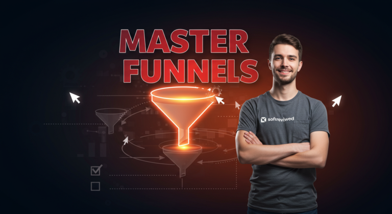 A person in a gray shirt stands confidently in front of a glowing funnel graphic with the words “Master Funnels” above, showcasing expertise gained from their Funnel Builder Certification through Systeme.io.