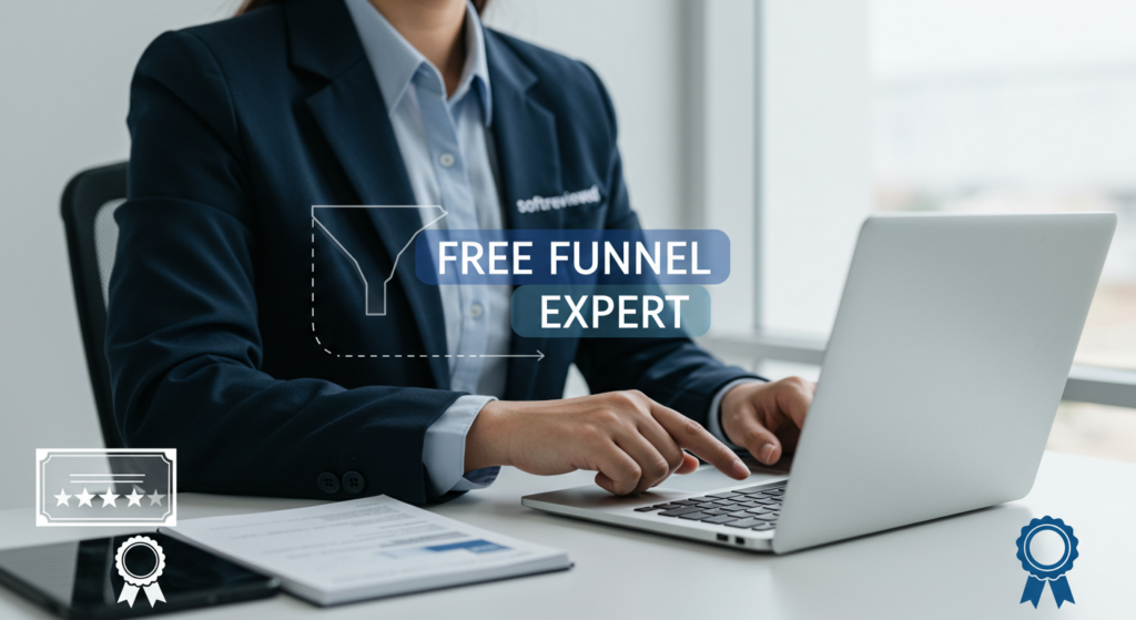 A person in a suit types on a laptop at a desk strewn with documents, embodying the essence of a "Free Funnel Expert." With skills honed in sales funnels and insights drawn from Systeme.io, they craft strategies that elevate businesses.