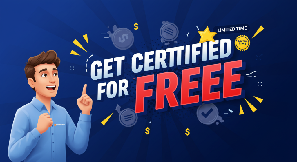 Illustration of a person pointing to text reading "Get Certified for Free" with clocks, dollar signs, and a "Limited Time" badge. Perfect for those diving into the world of sales funnels or seeking Funnel Builder Certification. Blue background enhances allure and focus.